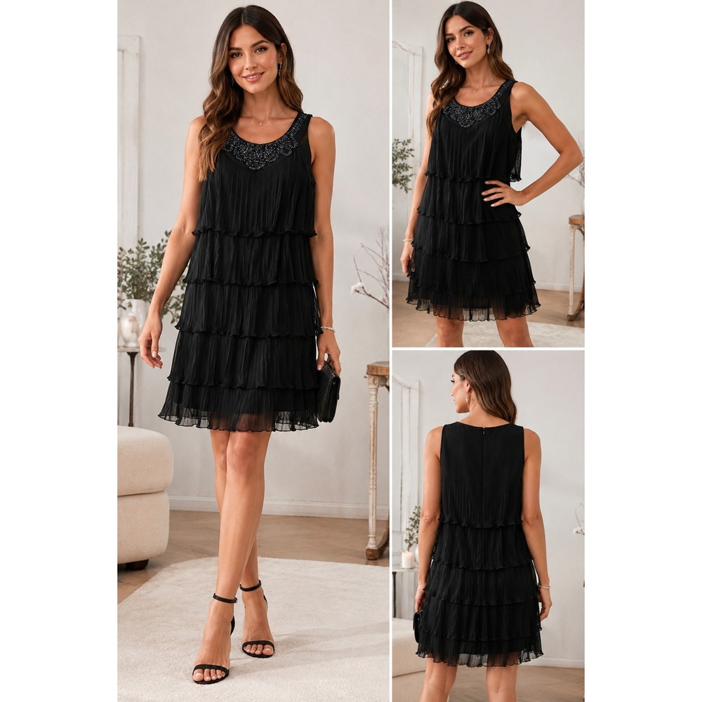 Connected Apparel Cocktail Dress Black Beaded Tiered Flapper Sz 8 Party, Evening